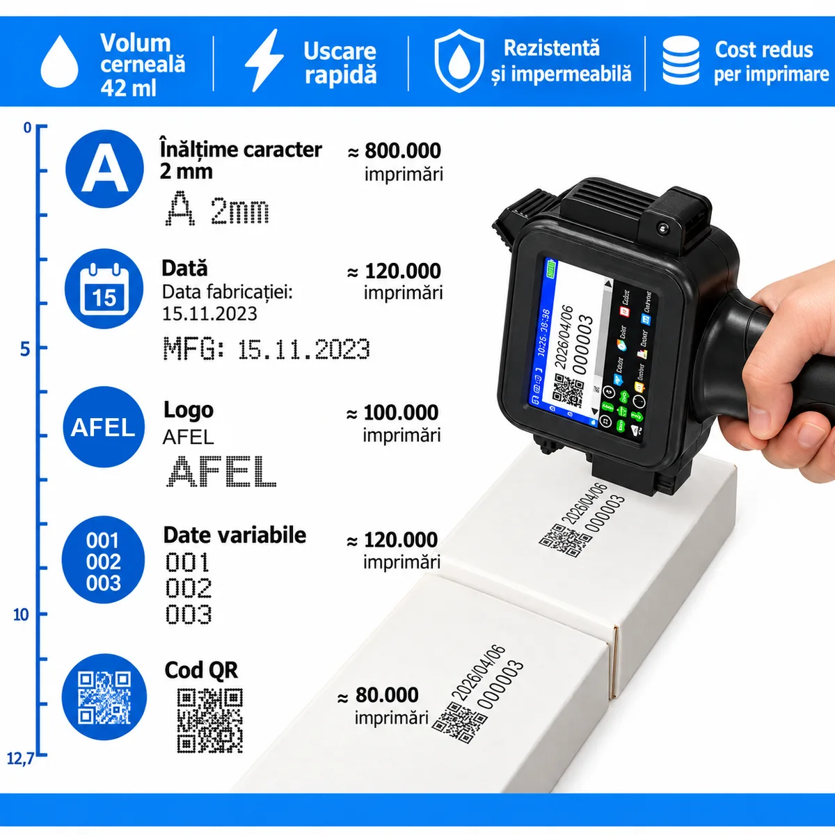 Ce poți imprima cu imprimanta inkjet portabilă: date de fabricație și expirare, numere de lot și serie, coduri de bare, coduri QR, texte, logo-uri și imagini