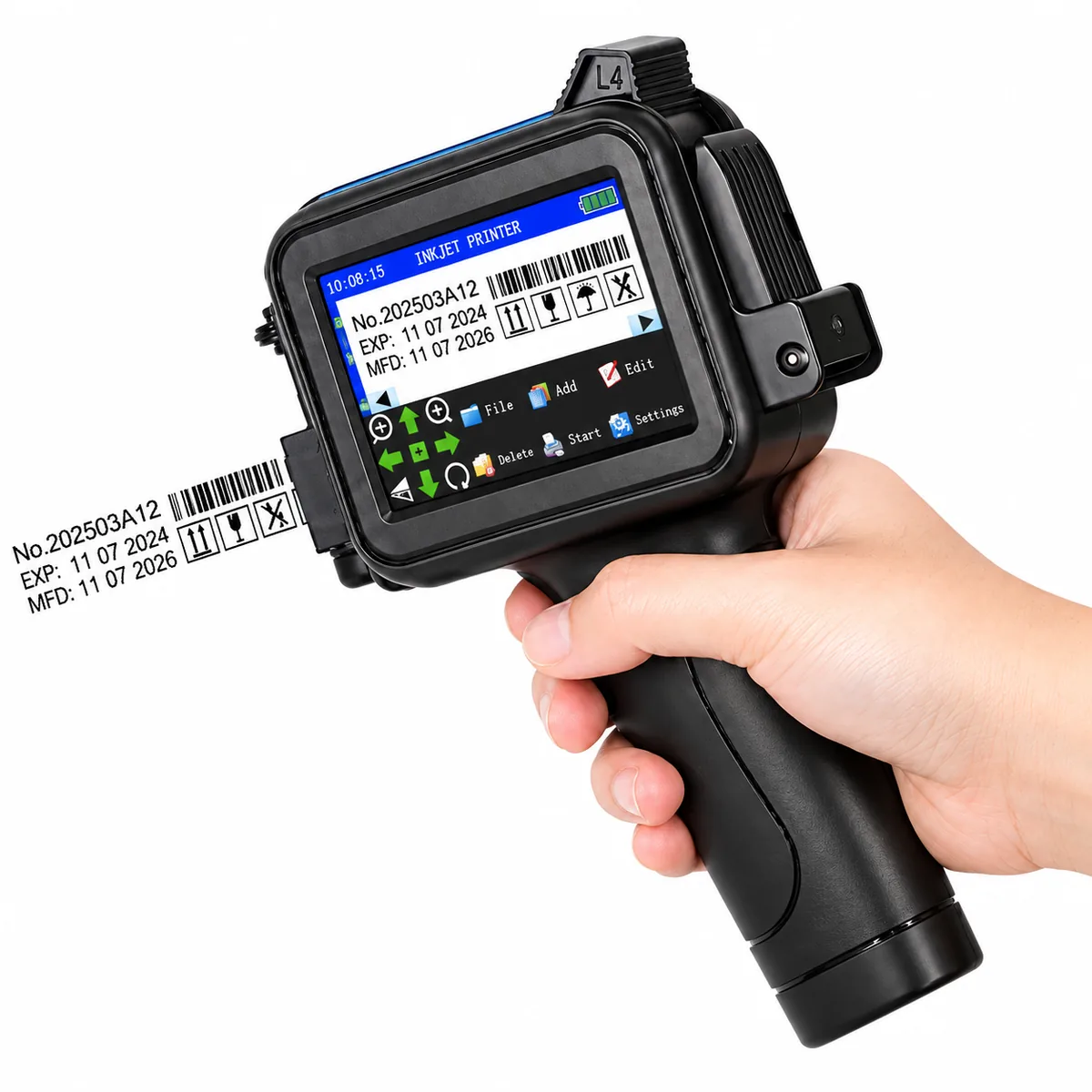 Imprimantă inkjet portabilă cu mâner ergonomic, ținută în mână, cu marcaj de lot, dată de expirare și cod de bare