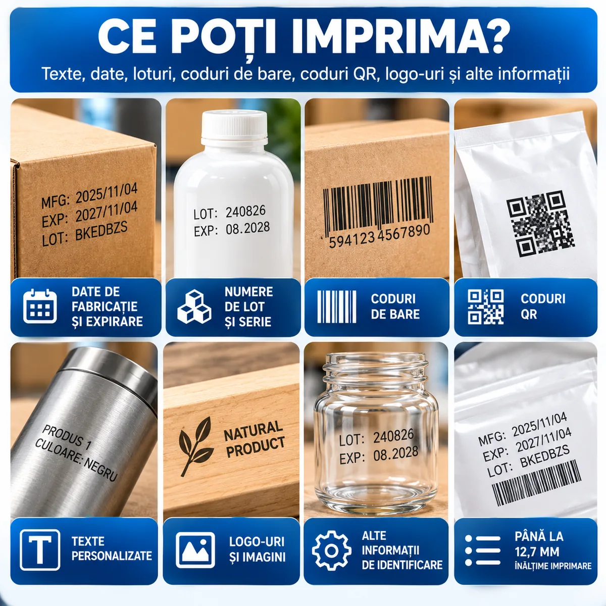 Ce poți imprima cu imprimanta inkjet portabilă: date de fabricație și expirare, numere de lot și serie, coduri de bare, coduri QR, texte, logo-uri și imagini