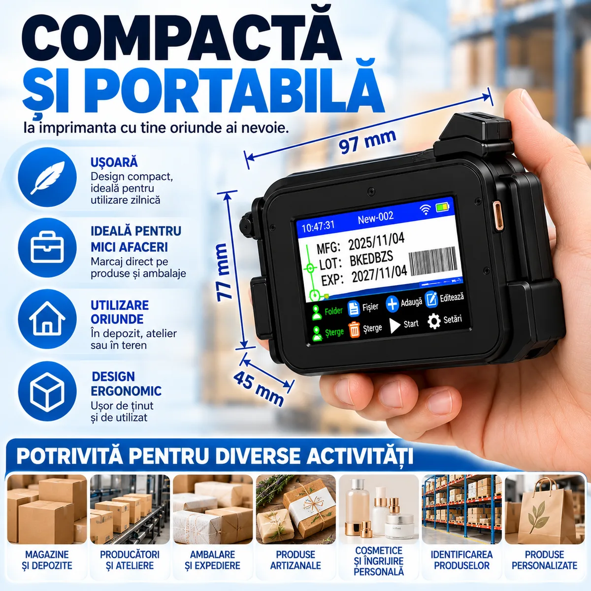 Imprimantă inkjet portabilă compactă, 97 × 77 × 45 mm, ținută în mână; potrivită pentru depozite, ateliere, ambalare și expediere