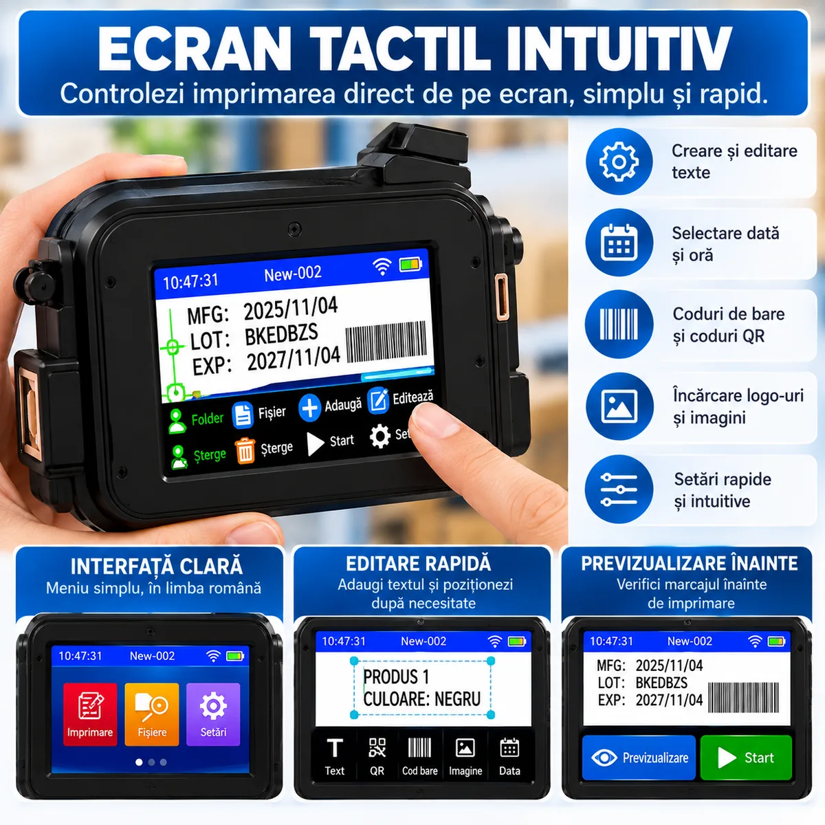 Ecranul tactil de 2,4 inch al imprimantei inkjet portabile, cu meniu în limba română, editare rapidă și previzualizare înainte de imprimare