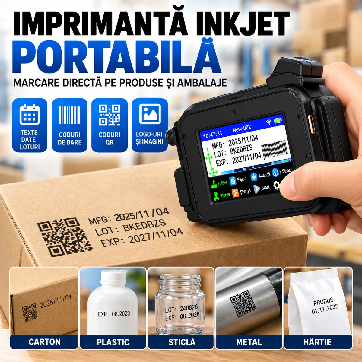 Imprimantă inkjet portabilă AFEL marcând data de fabricație, lotul și codul QR pe o cutie de carton; suprafețe compatibile: carton, plastic, sticlă, metal, hârtie
