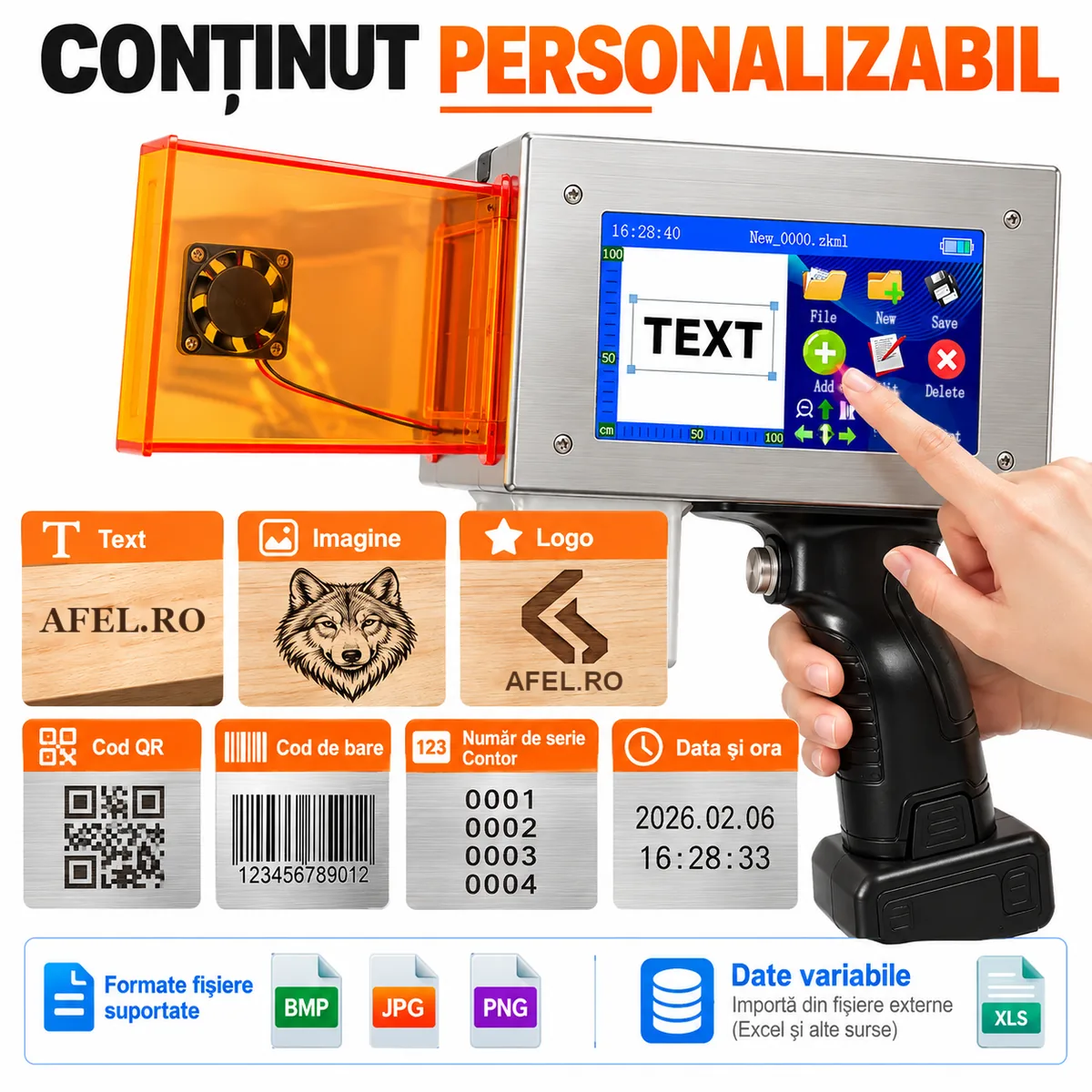 Conținut personalizabil cu imprimanta laser portabilă: text, imagine, logo, cod QR, cod de bare, număr de serie și dată; formate BMP, JPG, PNG și date variabile din Excel