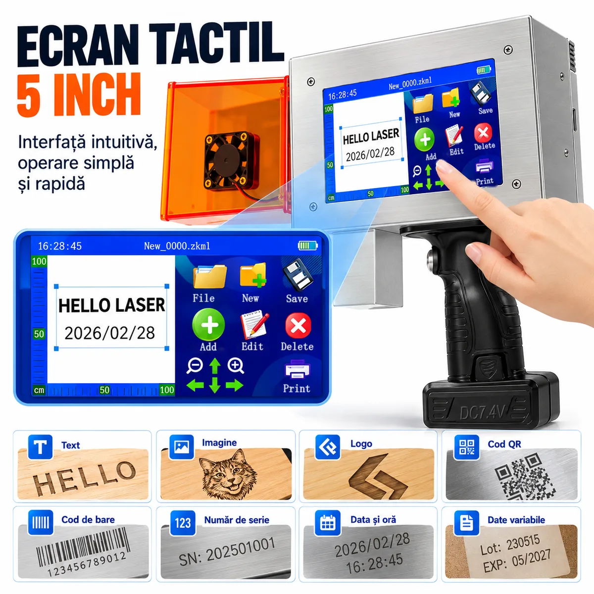 Ecranul tactil de 5 inch al imprimantei laser portabile, cu editare text, previzualizare și exemple de marcaje: text, imagine, logo, cod QR, cod de bare, număr de serie, dată și oră