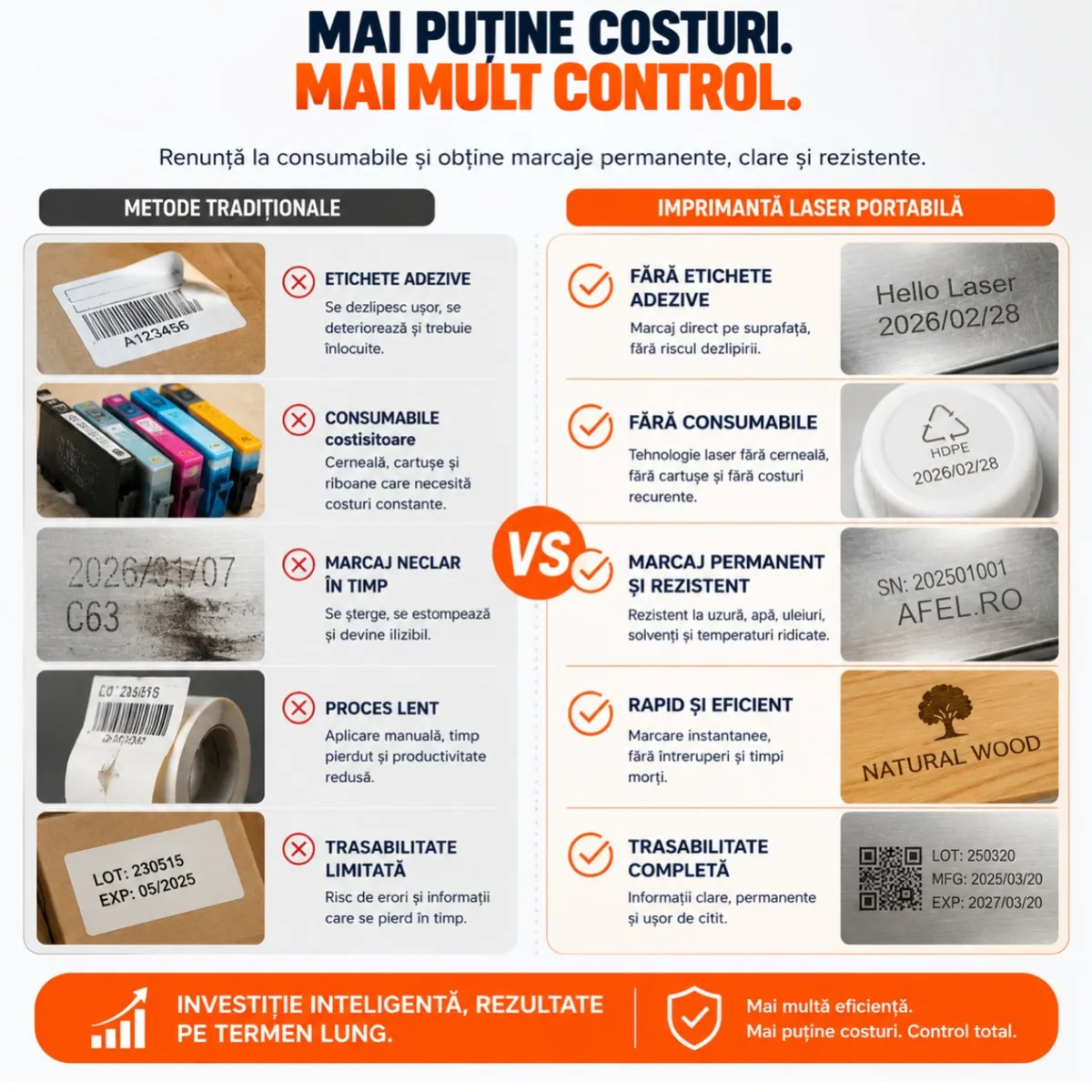 Comparație între metodele tradiționale de marcare (etichete, cerneală, cartușe) și imprimanta laser portabilă: marcaj permanent, fără consumabile